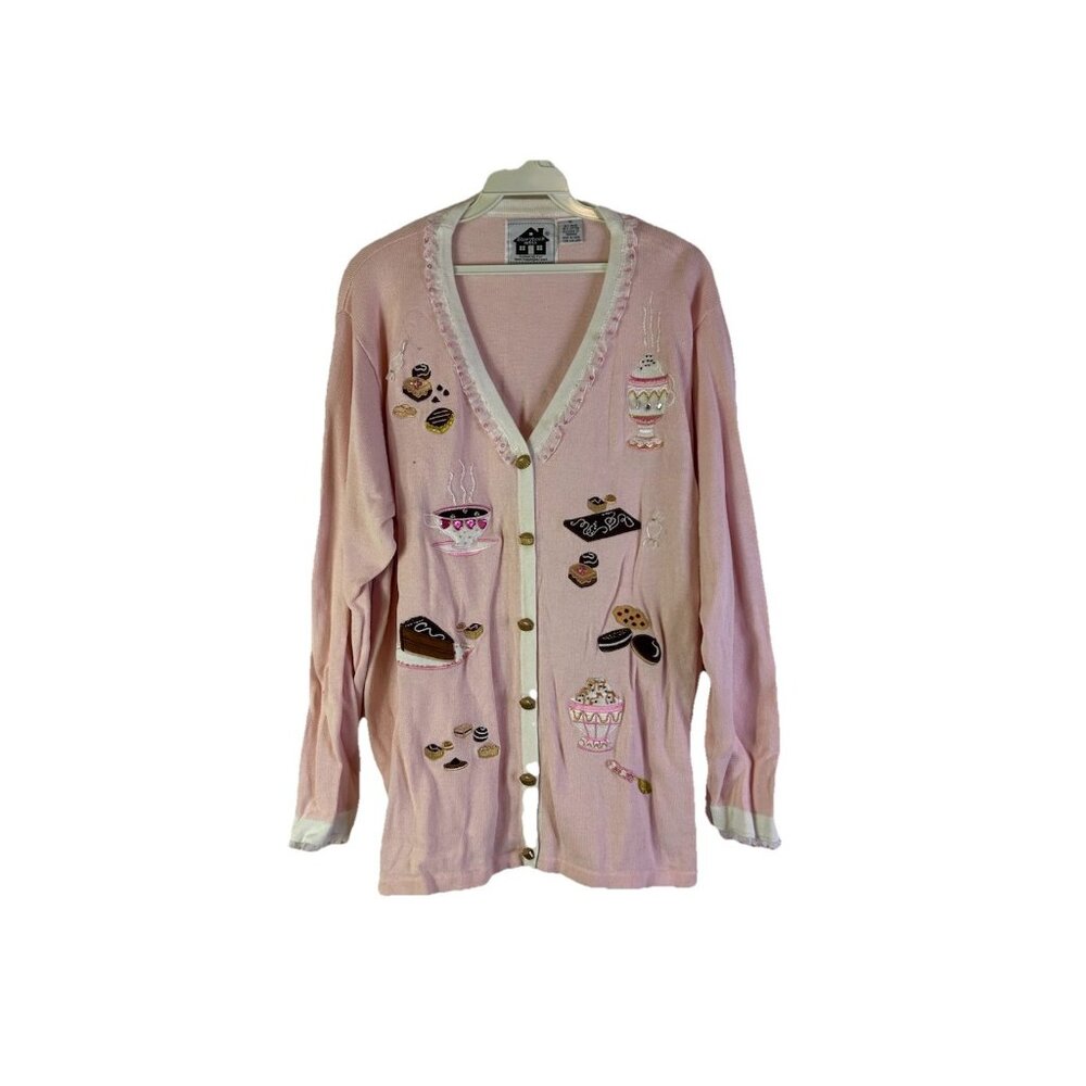 Vintage 90s Novelty Whimsy Cardigan Sweater Desserts Pastry Stitched